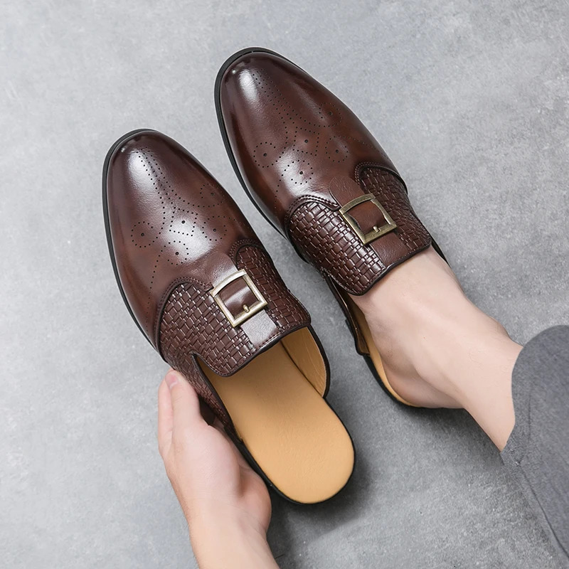 Summer Men Half Slippers Driving Brogues Shoes Male Belt Buckle Casual Mules Moccasins Breathable Penny Loafers Zapatos Hombre 250321