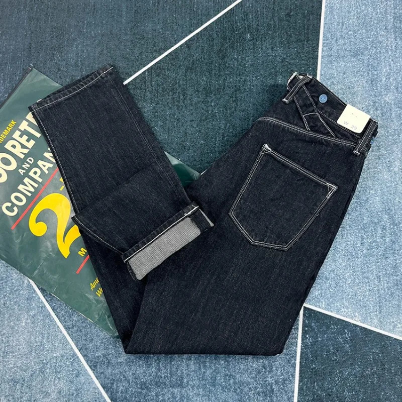 100 pure cotton back Paris buckle spring black straight jeans for men American retro style casual Japanese ultrathin tapered pants 250322