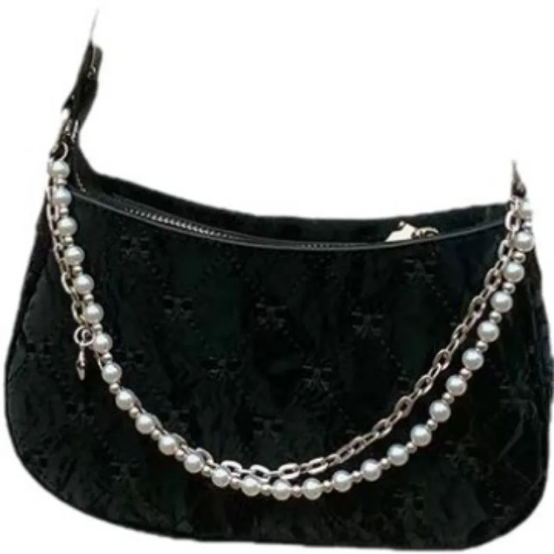 Pink Womens Shoulder Bag Elegant Cute Bow Pearl Chains Bow Embroidery Handbag Casual Leather Korean Fashion Female Handbag 250320