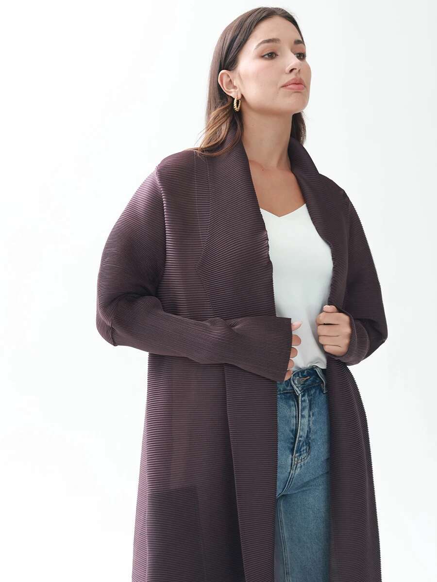 Miyake Pleated Gradient Turndown Collar Lantern Sleeve Jacket Women 2024 New Original Designer Abaya Fashion Long Coats