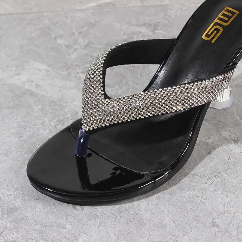 Women's Modern Slippers Summer New Patent Leather Crystal Clip Toe High Shoes Fine Heel Yellow Outside Fashion Women Slides