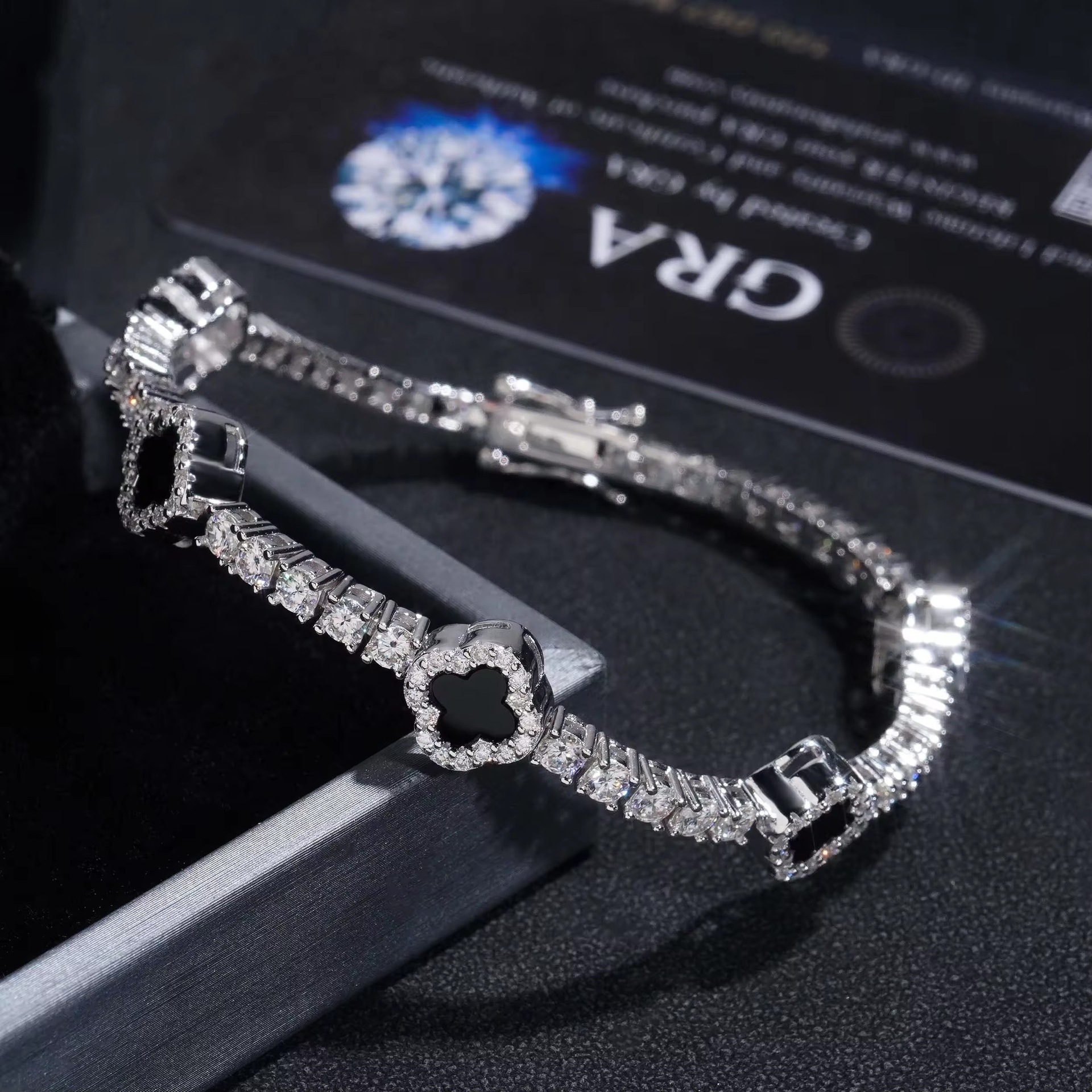 New 925 Silver VVS Moissanite Bracelet 3.0mm Black Agate Four Leaf Hip Hop Fashion Bracelet
