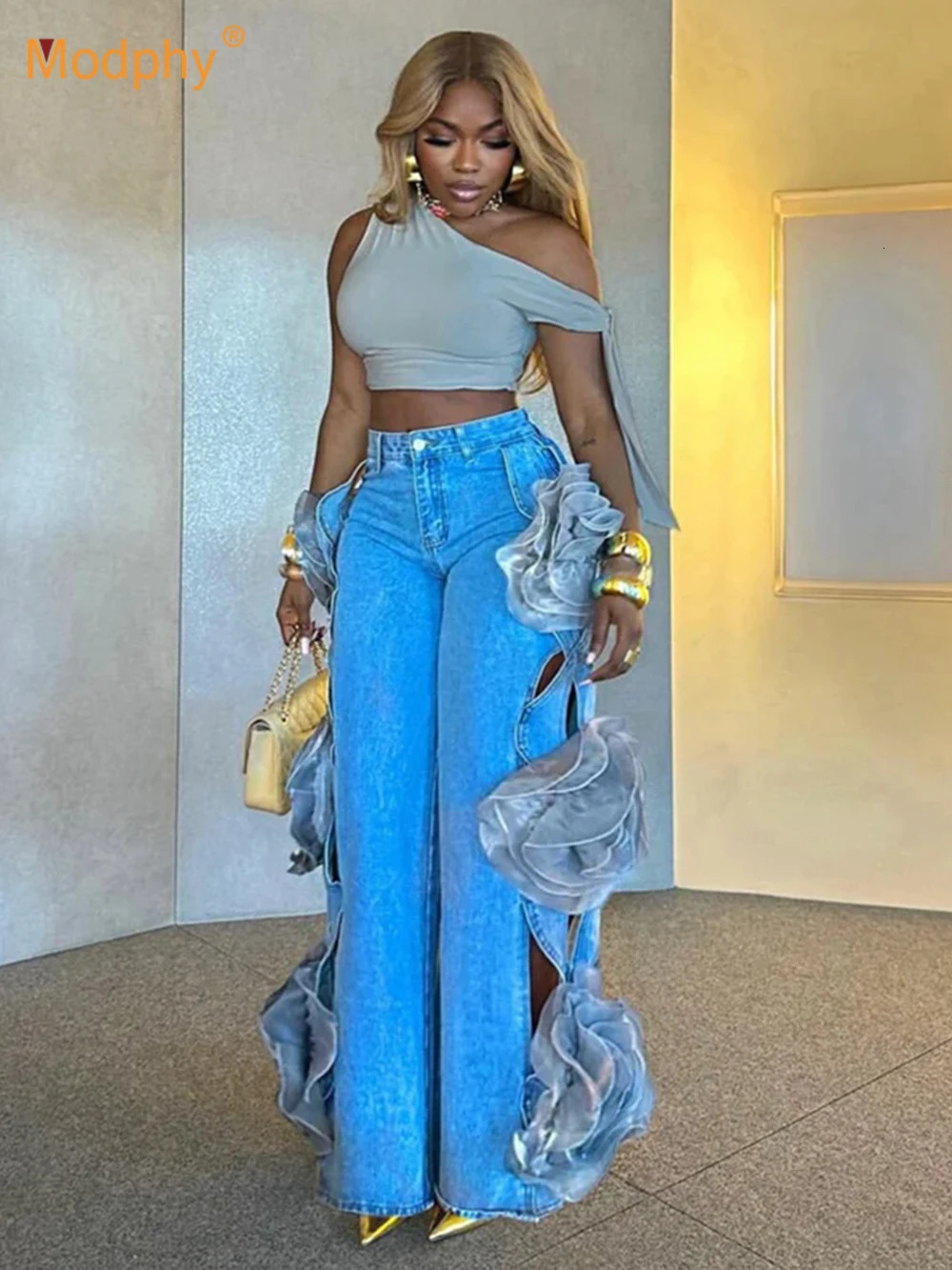 Y2K 3D floral splicing hollow high waisted loose jeans pants fashionable womens wide leg ultra-fine denim mens dress 250317