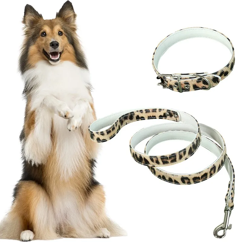 Leopard Print Leather Pet Collar Dog Chest Back Leash Adjustable Fashion Dog Collar Cat Collar Pet Supplies