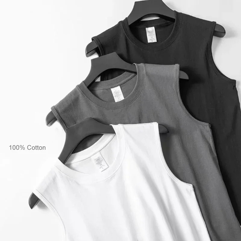 Summer Basic 100% Cotton Men Tank Tops Black White Gray 250322