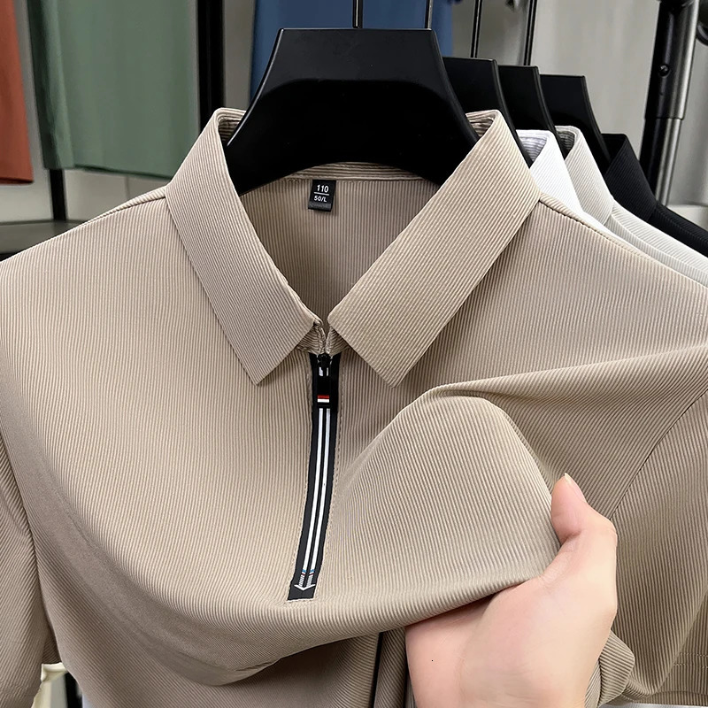 2025 mens solid color polo shirt short sleeved zipper summer lightweight street clothing breathable top 250322