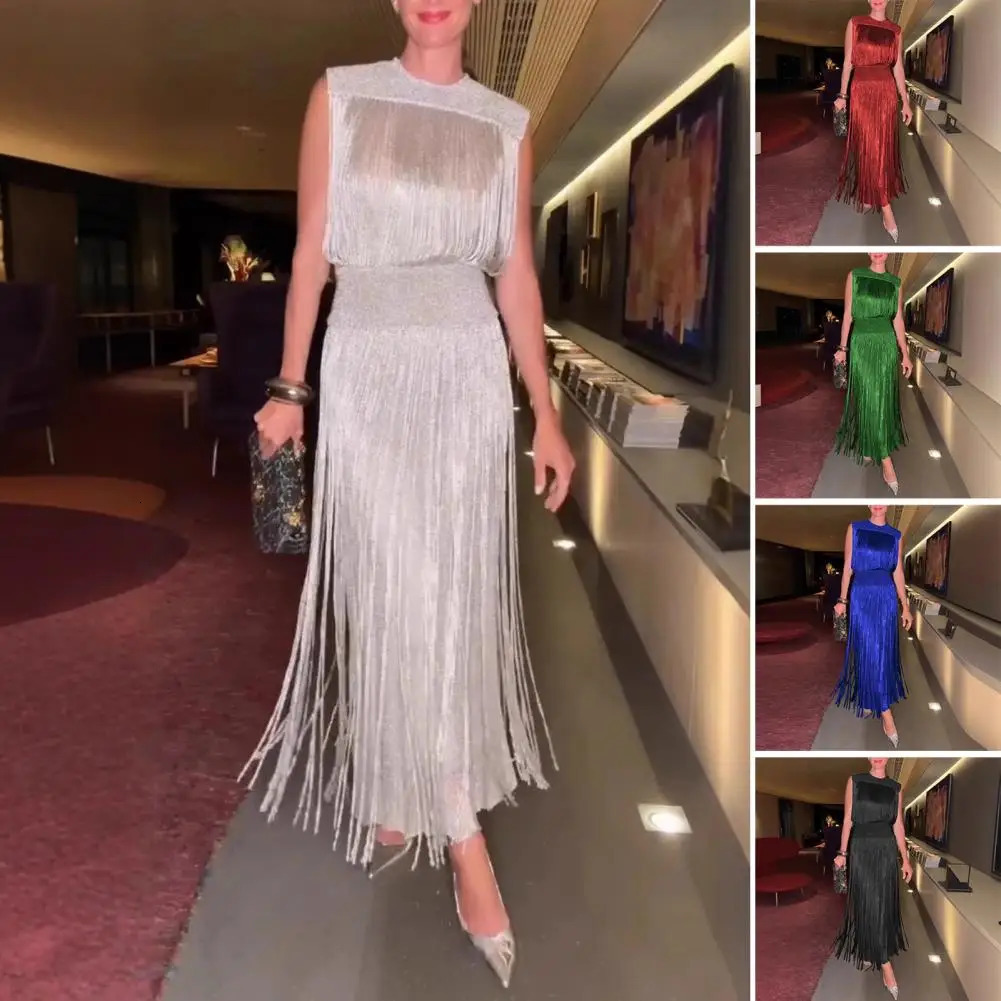 Womens round neck dress sexy Bodycon Maxi Prom with tassel details evening party womens wear 250320