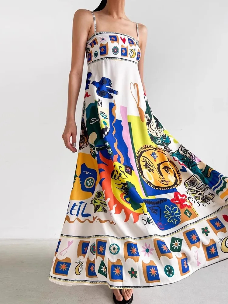 Retro Graffiti Printed Suspender Dress WomenS Summer Sense Of National Wind Tube Top Dress 250322