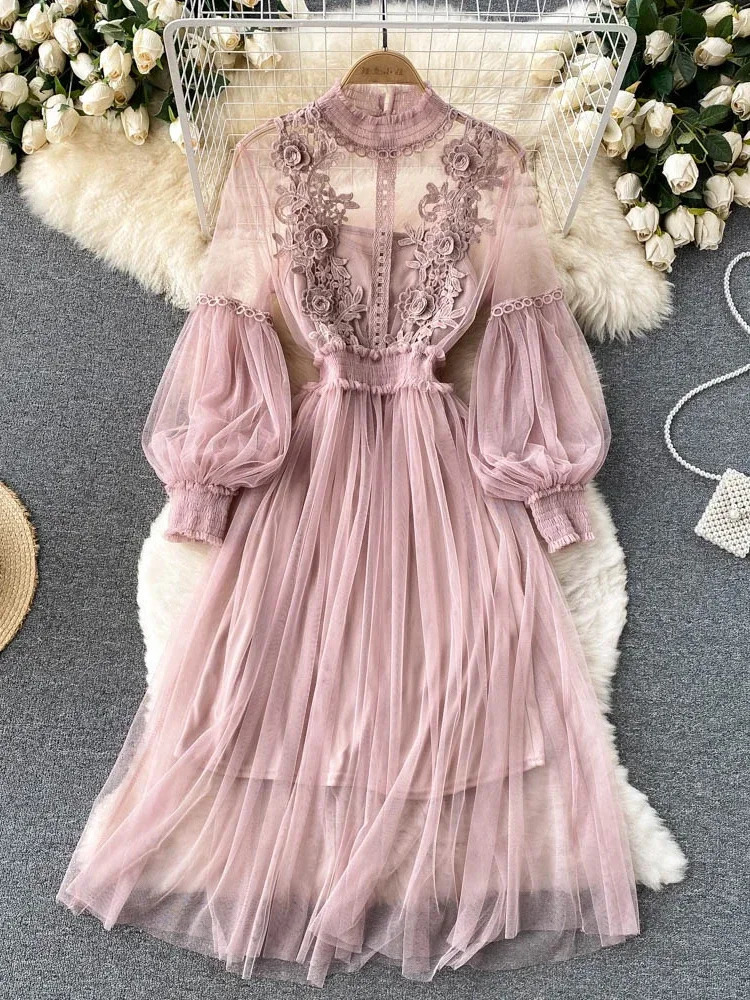 Ladies Dress Three-dimensional Flower Hook Mesh Temperament Stand Collar Lantern Sleeve High Waist Slim Female Dresses 250322
