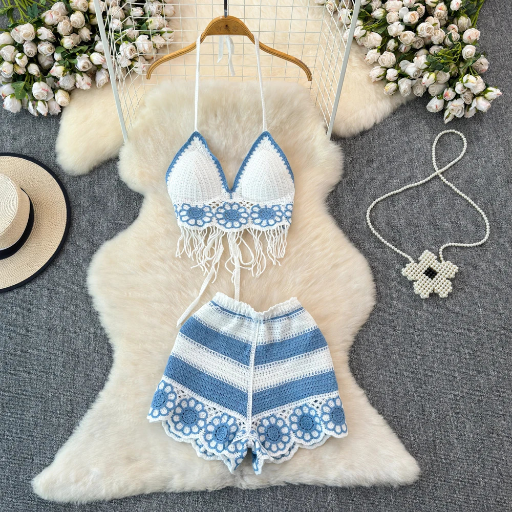 2025 Beach Vacation Knitted Womens Co ord Set Crochet Sleeveless Lace Vest and Shorts 2piece Summer 250322