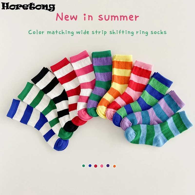 Horetong 3 pairs/batch summer childrens socks 1-12 years old for boys and girls baby cotton fashion breathable stripes contrasting color socks X250322
