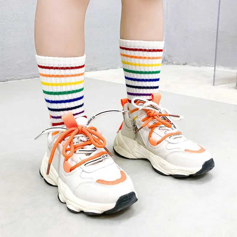 1 pair of rainbow socks suitable for children spring and summer colorful stripes breathable cotton for girls and boys tube socks school principal sock
