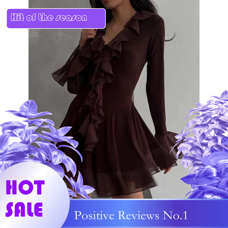 Dongdumaoyi Lente Nieuwe Vrouwen Verfijnde Effen Kleur Diepe V Ruche Trim Flare Mouw Chiffon Korte Jurk C