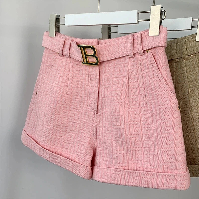 5 Colors for Option Pink Texture Washed Denim Shorts for Women with Belt Casual Style Quality Jeans Trousers 250319