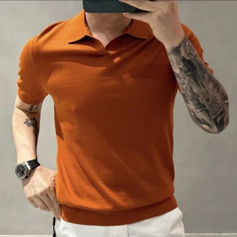 Mens summer fashion simple casual thin basic knitted polo shirt mens solid short sleeved ultra-thin breathable floral top 250321