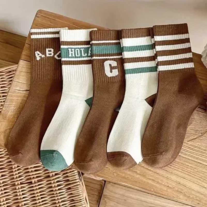 5 pairs/set of sports socks for autumn children boys and girls fashionable Korean coffee beige colored letter socks autumn spring soft cotton school s
