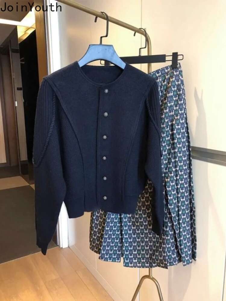 Korean Women Clothing Two Piece Sets Knitting Cardigan Coats High Waist Pleated Skirt Outfits Roupas Femme Vintage Suit