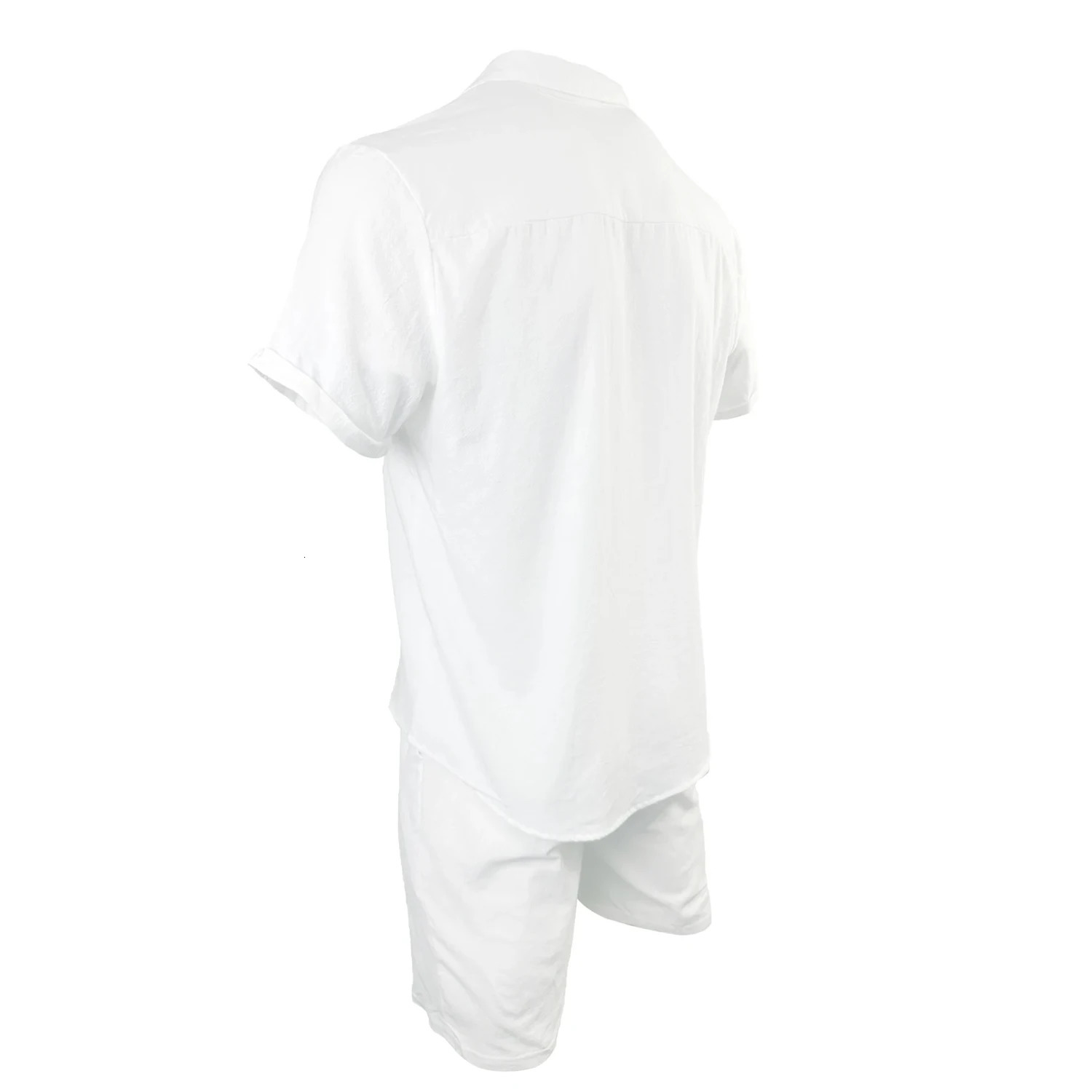 Cotton and linen shirt set for men with Hawaiian pleated pockets loose Cuban collar breathable and comfortable white mens outdoor leisure set 250318