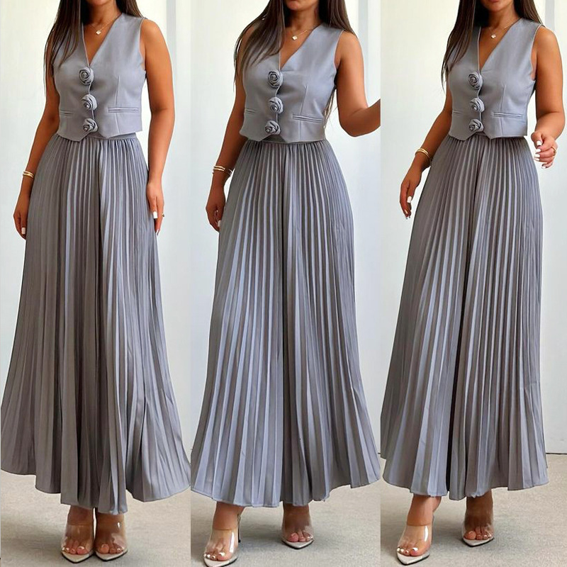 Summer Elegant Women Two Piece Skirt Set Sexy Y2K Sleeveless Floral Vest Top Shirt High Waist Pleated Maxi Skirt Suit Outfits 230606