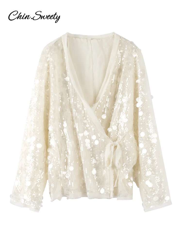 hoodie Elegant Lace Up Sequins Coat Women Shining V Neck Long Sleeves Loose Jacket 2025 Spring Summer Lady High Street Cardigan Tops jacket