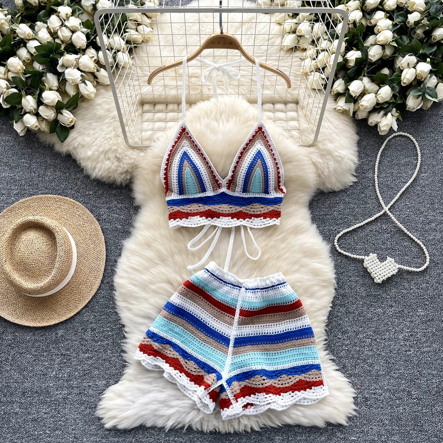 2025 Beach Vacation Knitted Womens Co ord Set Crochet Sleeveless Lace Vest and Shorts 2piece Summer 250322