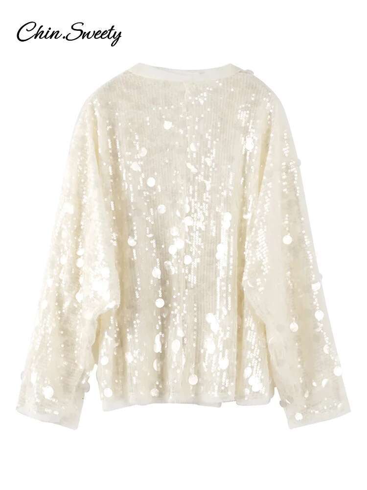 hoodie Elegant Lace Up Sequins Coat Women Shining V Neck Long Sleeves Loose Jacket 2025 Spring Summer Lady High Street Cardigan Tops jacket