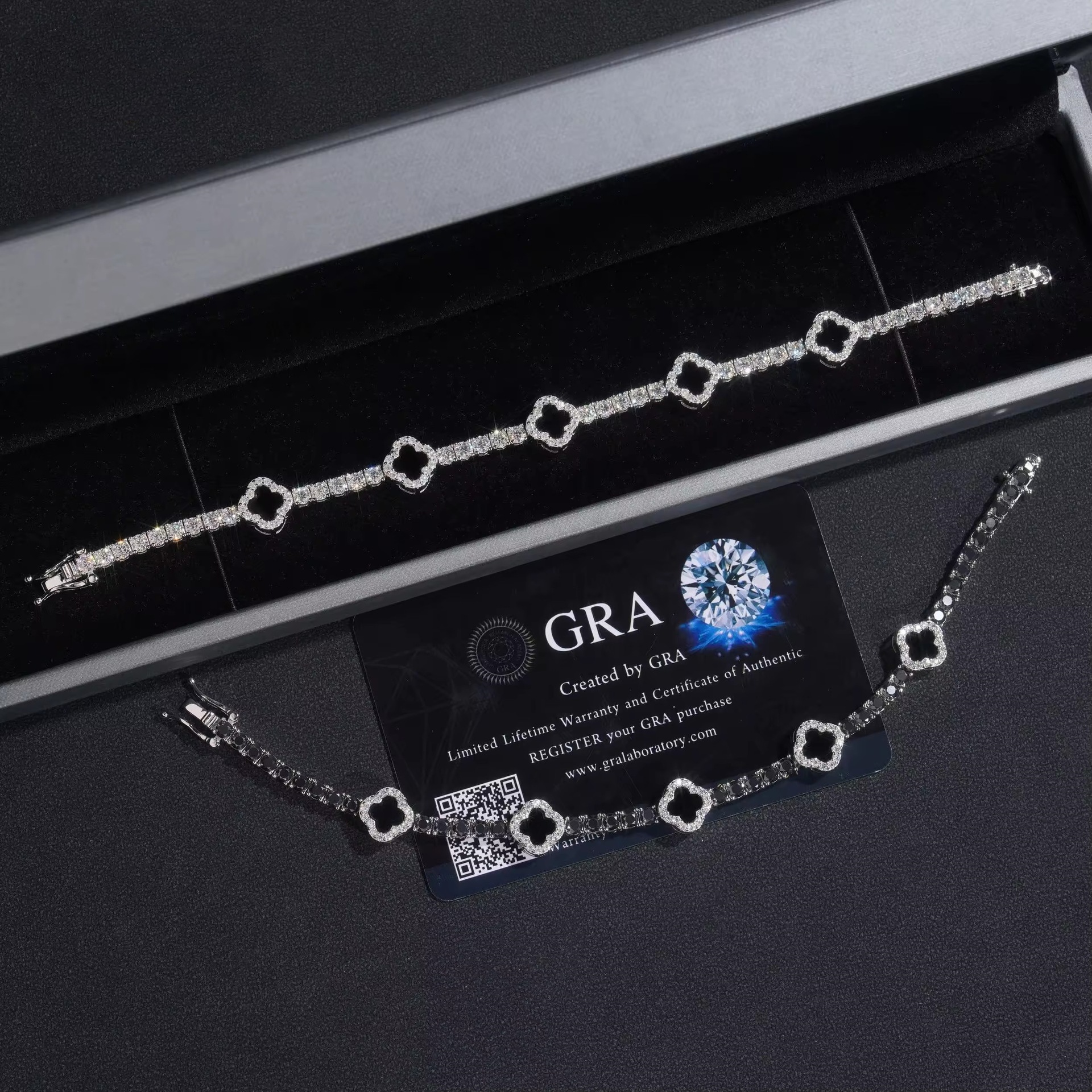 New 925 Silver VVS Moissanite Bracelet 3.0mm Black Agate Four Leaf Hip Hop Fashion Bracelet