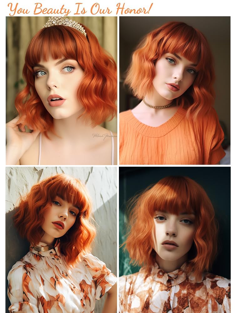 Short Copper Red Wigs for Women Fox Red Wig Ombre Red Dark Root Culy Bob Wigs with Bangs Ginger Hair Wig Wavy Synthetic Wigs(12Inches)