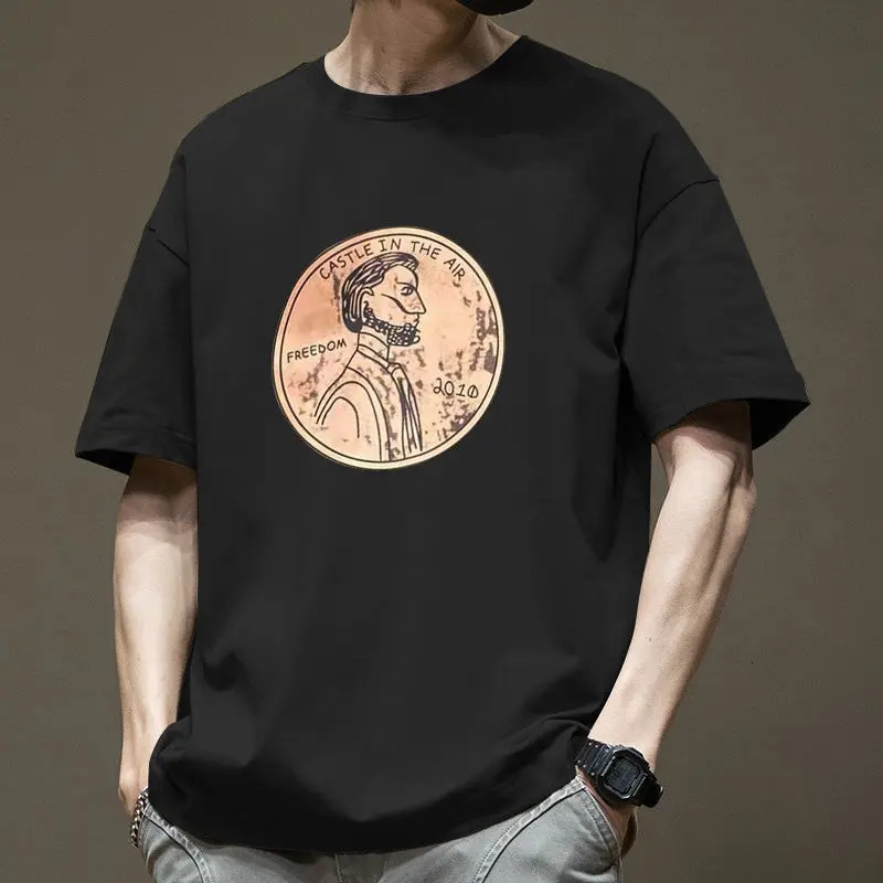 Summer Short sleeved Mens Fashion Casual Printed Cotton British Loose Round Neck Retro T-shirt Top 250321