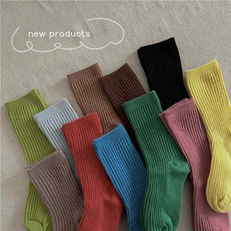 1 pair of candy colored childrens socks soft cotton double needle spring childrens tube socks for girls and boys school sports socks 1-12 years X25032