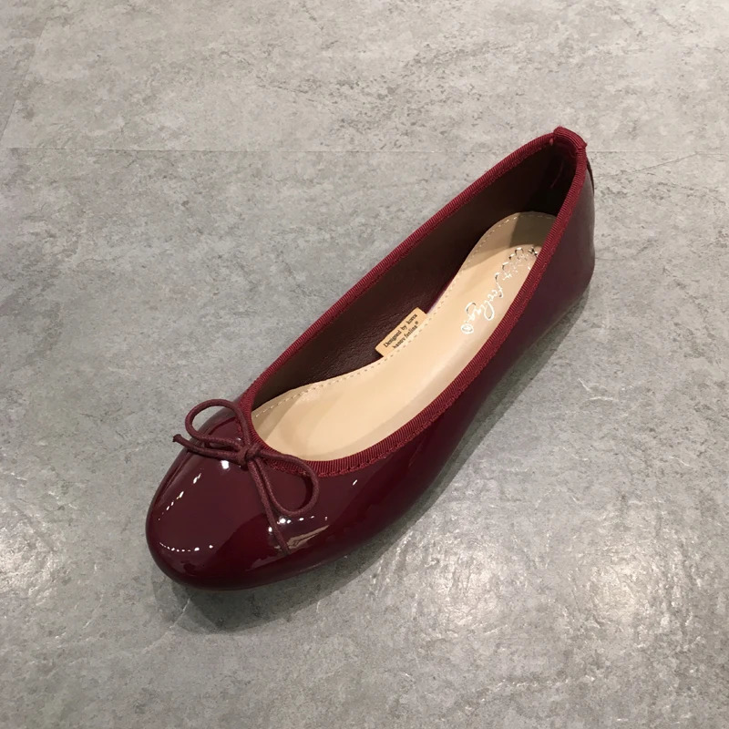 glisten patent leather shallow boat shoes bow knot soft ballet flat shoes office lady round toe work shoes comfy slip on loafers 250322