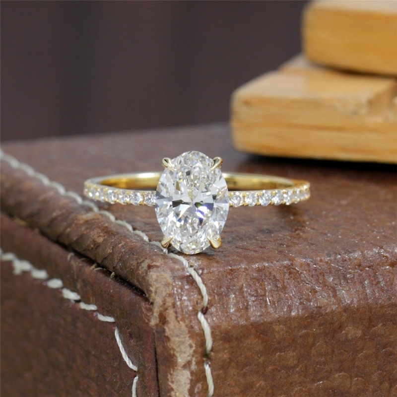 Jewelry 1.5 Carat Oval Cut Lab Diamond Engagement Half Band Hiden Halo Ring Real 14K Solid Gold Womens Wedding HPHT Diamond Ring