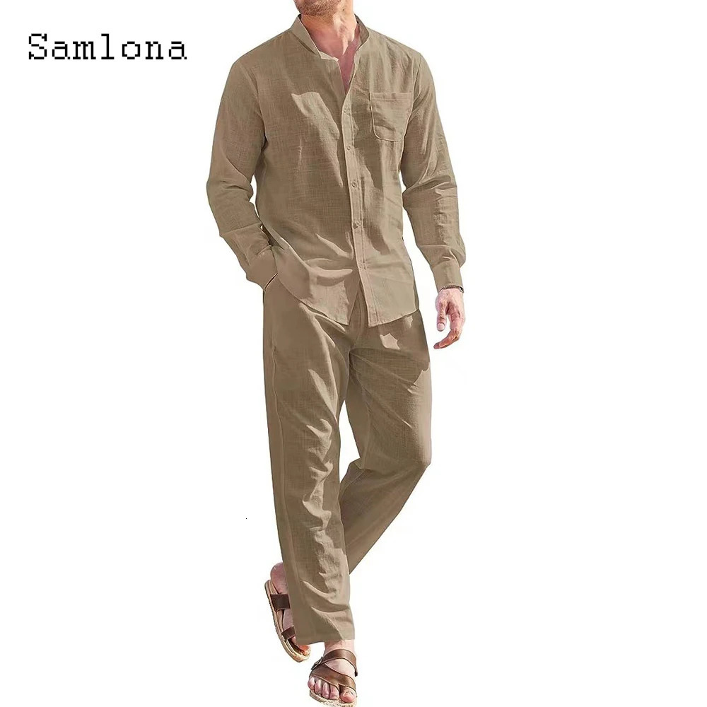 Mens casual linen two-piece set European style retro basic top and solid pants set 250318