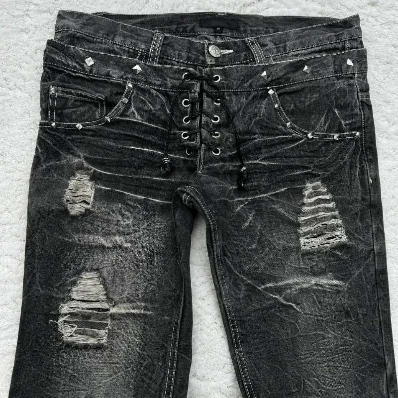 Fashionable High Street Double Waisted Lace Up Micro Flared Y2k Retro Haruku Washed Design For Men And Women Jeans