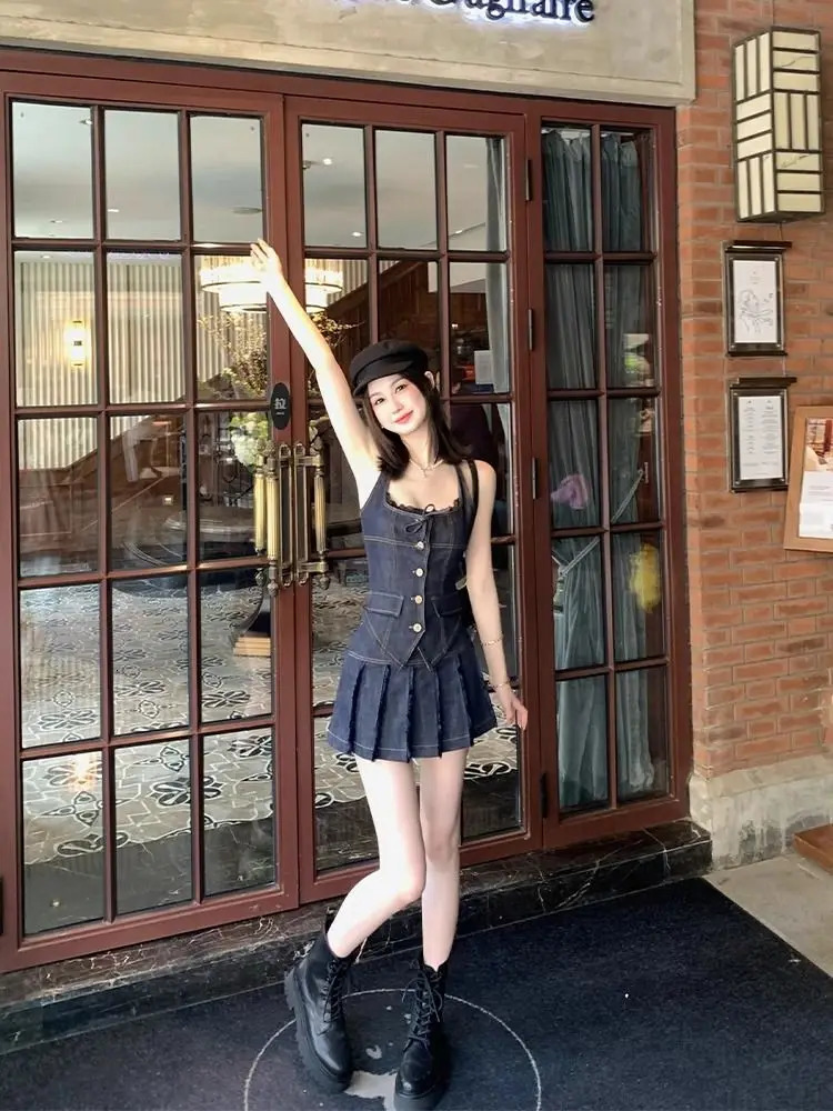 American Style Outfits 2 Piece Skirt Set Korean Single Breasted Denim Halter Tops Women Fashion Sexy Pleated Skirt Girls 250319