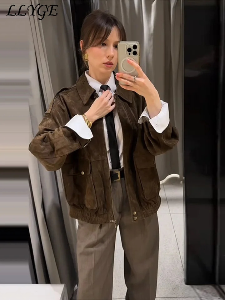 Vintage Womens Suede Bomber Jackets Fashion Lapel Zipper Full Sleeve Pocket Coats 2025 Spring Lady Elegant Casual Outwear 250319