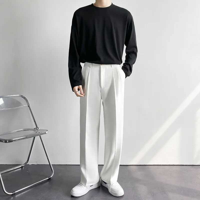 New brushed straight mens pants fashionable business Korean loose casual white black gray wide leg Trouser mens jacket set pantsT250322