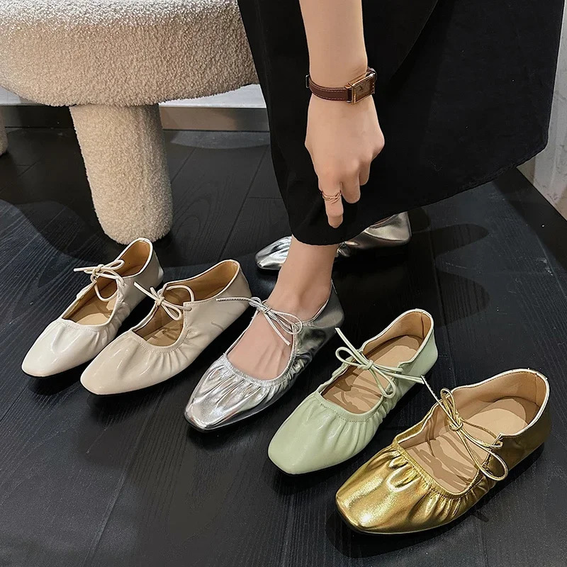 Women Flat Shoes Genuine Leather Sheepskin Comfort Flats Slip On Silver Beige Simple Shoes Spring Autumn Soft Loafers Square Toe 250322