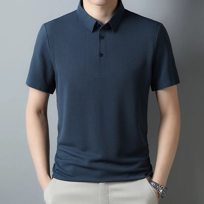 Summer Style Mens Middle-aged Young Mens Douyin Polka Yarn Lapel Traceless Breathable Short-sleeved T-shirt POLO Shirt 250321