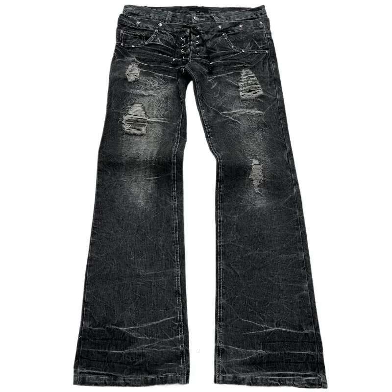 Fashionable High Street Double Waisted Lace Up Micro Flared Y2k Retro Haruku Washed Design For Men And Women Jeans