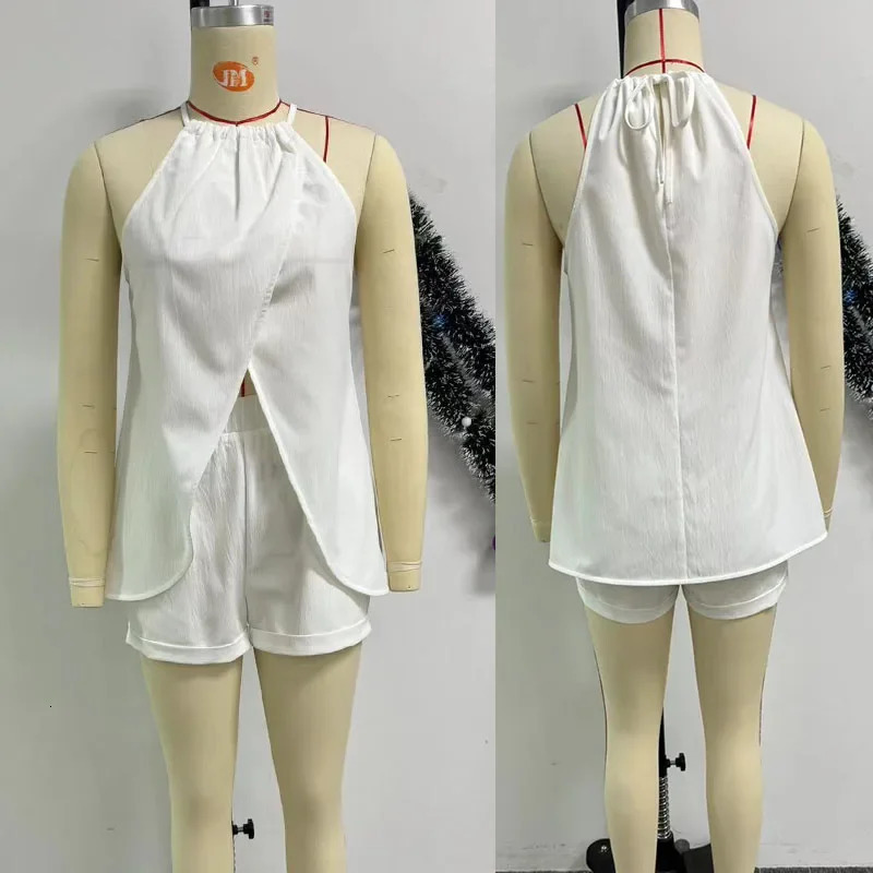 Sexy Club Party Two Piece Set Women Outfit Rave Vacation Irregular Split Halter Top and Shorts Matching Sets Short Corto 250311