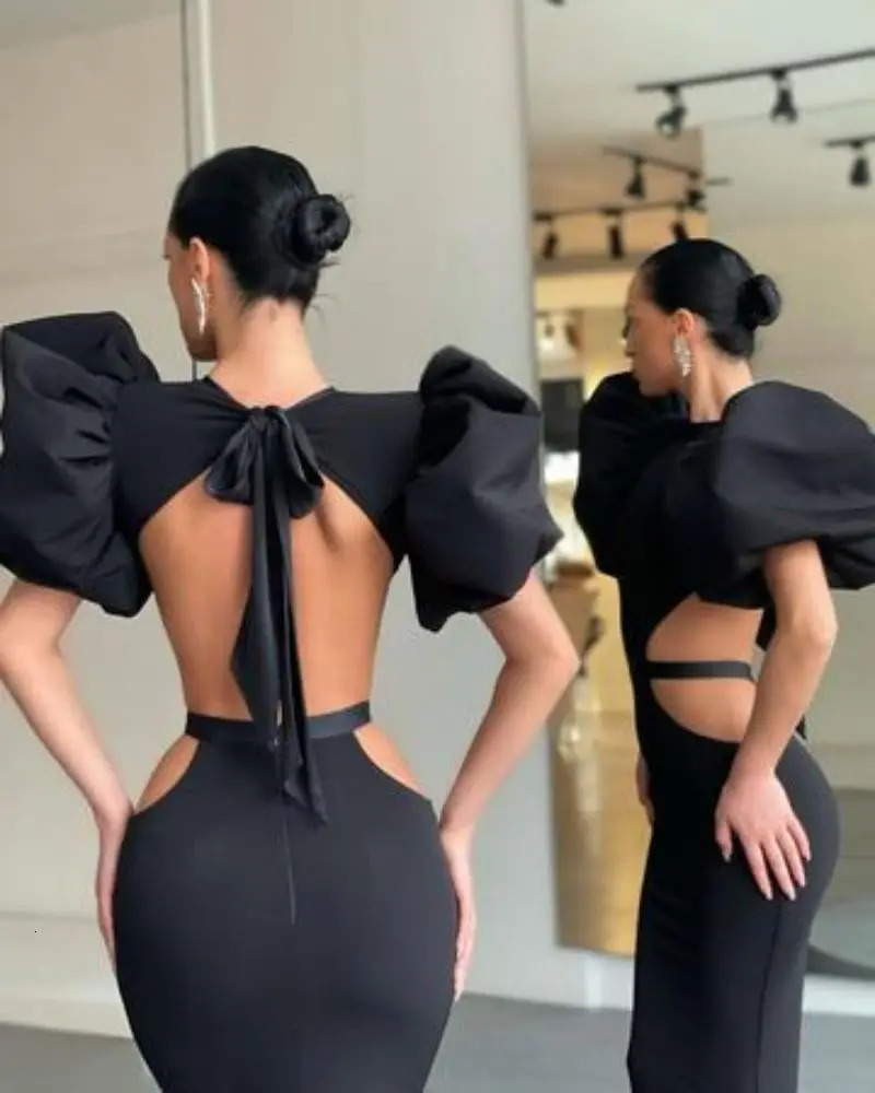 open back bow tie sexy long skirt bubble sleeve banquet evening dress hip slim 250320