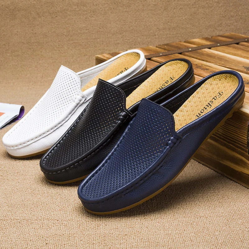 Fashion Men Half Loafers Genuine Leather Slippers Loafer Slides Breathable Mules for Man Outdoor Lightweight Half Shoes 250321