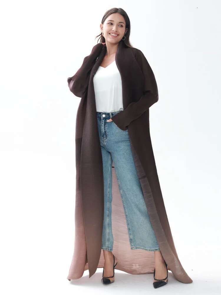 Miyake Pleated Gradient Turndown Collar Lantern Sleeve Jacket Women 2024 New Original Designer Abaya Fashion Long Coats