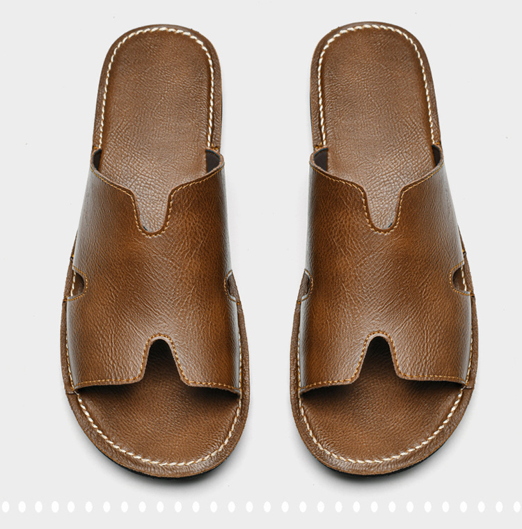 2025 Men's genuine leather one-word slippers summer cool slippers for outdoor wear large size non-slip wear-resistant trendy men's beach sho