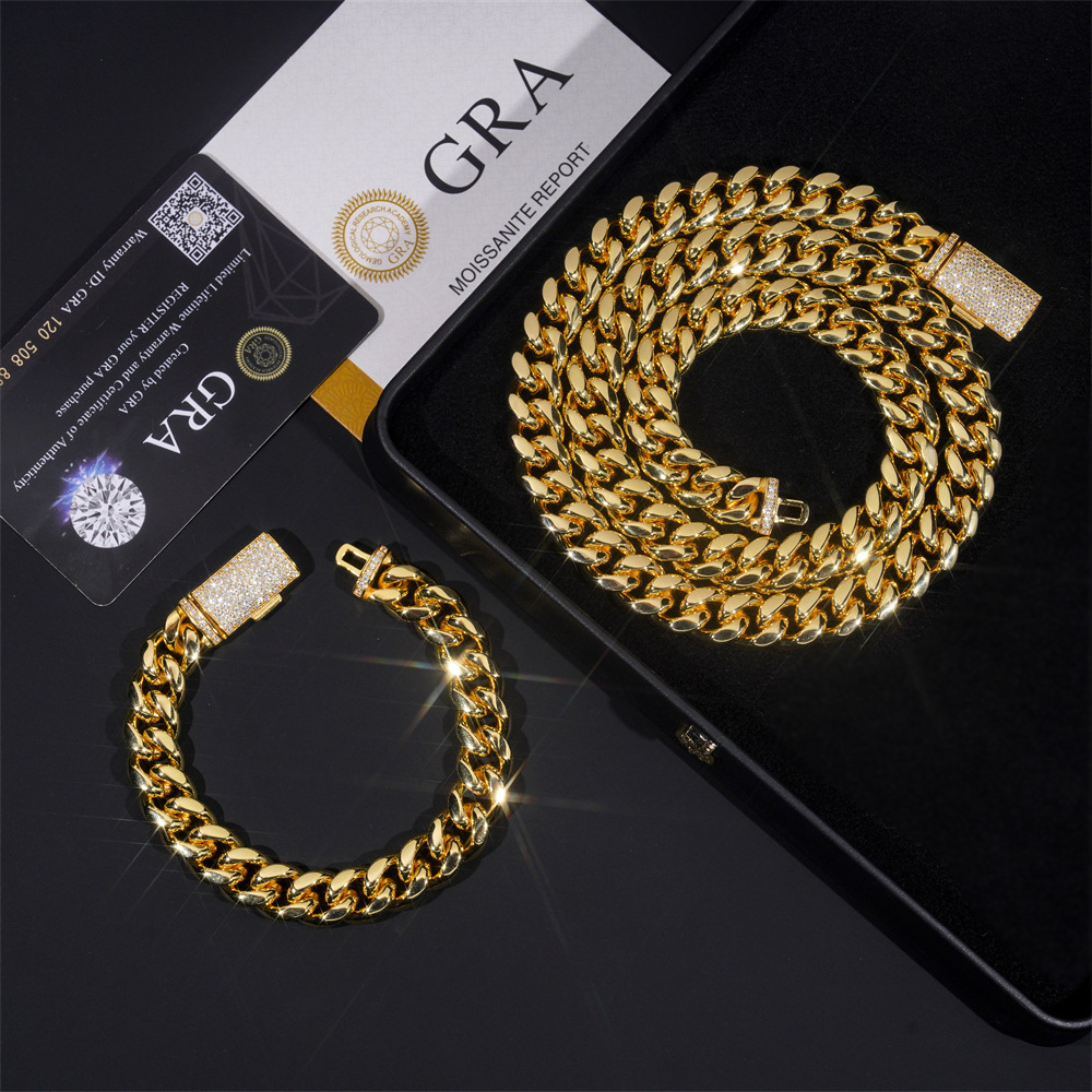 Hot selling 12mm stainless steel jewelry vvs mens hip-hop versatile Cuban necklace bracelet with Mozambique buckle