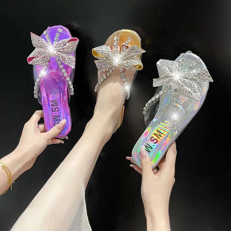 Bow Crystal Women's Slippers 2025 New Fashion Flat Shoes Sandals Elegant Formal Shoes Designer Women's Summer Slippers Women's Outdoor 