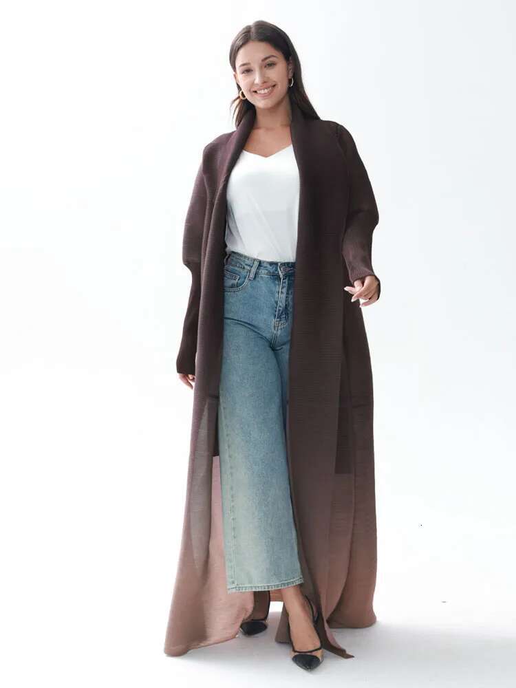 Miyake Pleated Gradient Turndown Collar Lantern Sleeve Jacket Women 2024 New Original Designer Abaya Fashion Long Coats