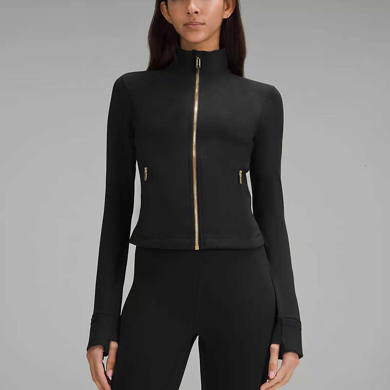 Cropped Gold Zipper Yoga Jacket Stand Up Collar Yogo Clothes Long-Sleeve Thumb Hole Training Running Sweateshirt Women Slim Fitness Coat Sports Outfits