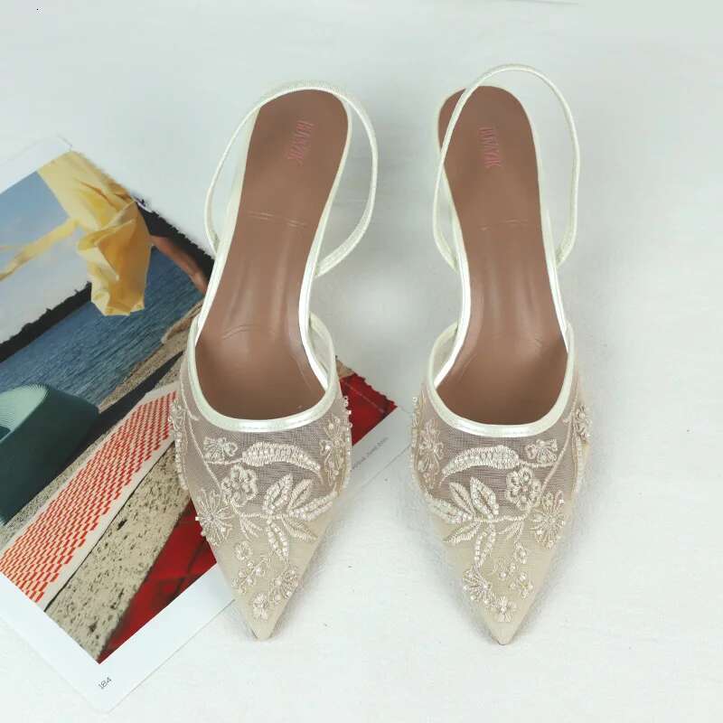 2025 New Women's Embroidered Mesh Diagonal Back High Heel Sandals Designer Fashion Shoes Unique Ivory Elegant Style Wedding Party High Heels